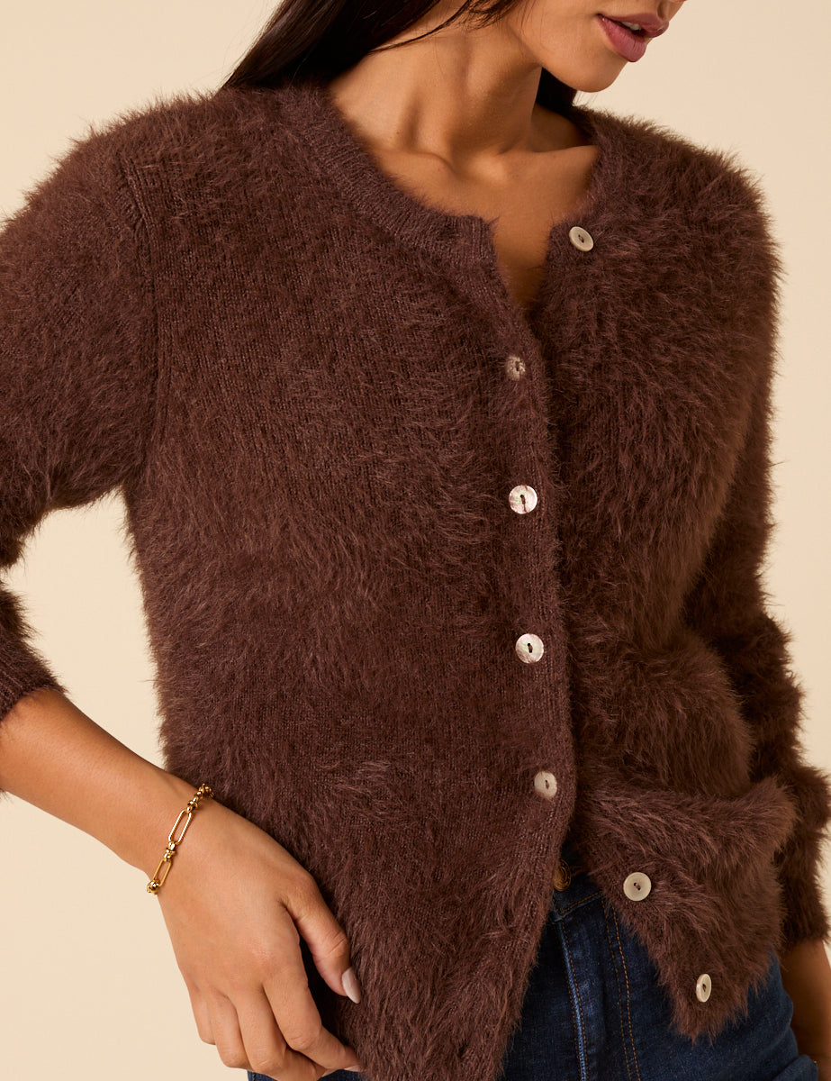 Brown Fluffy Long Sleeve Knitted Cardigan