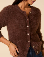 Brown Fluffy Long Sleeve Knitted Cardigan