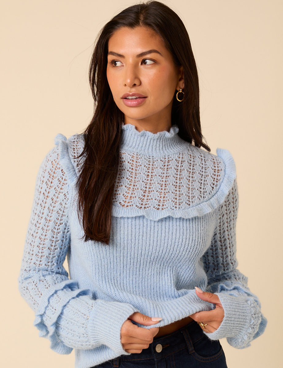 Light Blue Ruffle Pointelle Knitted Jumper