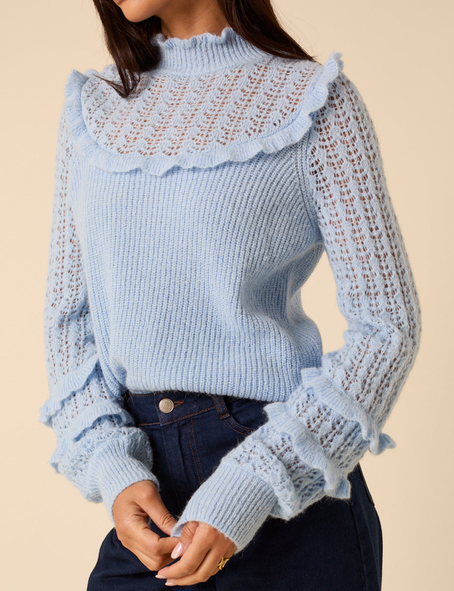 Light Blue Ruffle Pointelle Knitted Jumper