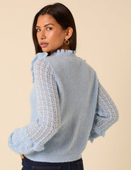 Light Blue Ruffle Pointelle Knitted Jumper