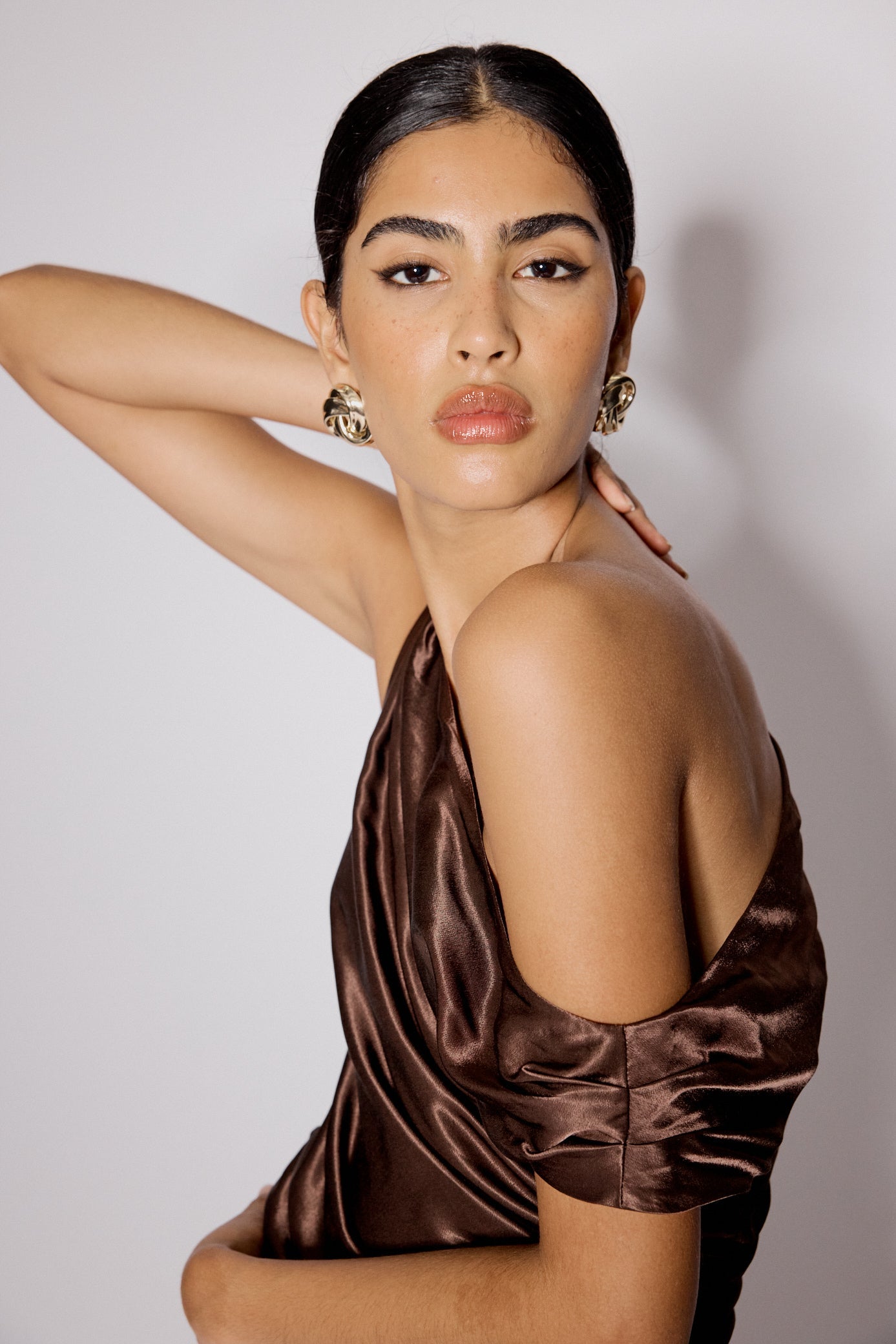 Brown Satin Asymmetric Top