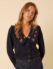 Navy Cord Floral Embroidered Blouse