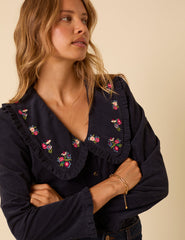 Navy Cord Floral Embroidered Blouse