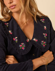 Navy Cord Floral Embroidered Blouse