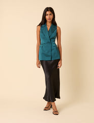 Turquoise Satin Sleeveless Blazer