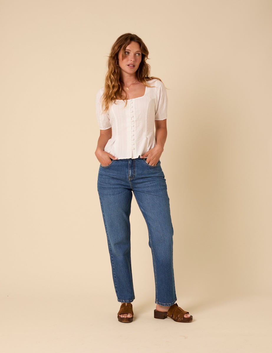 White Short Sleeve Button Down Blouse