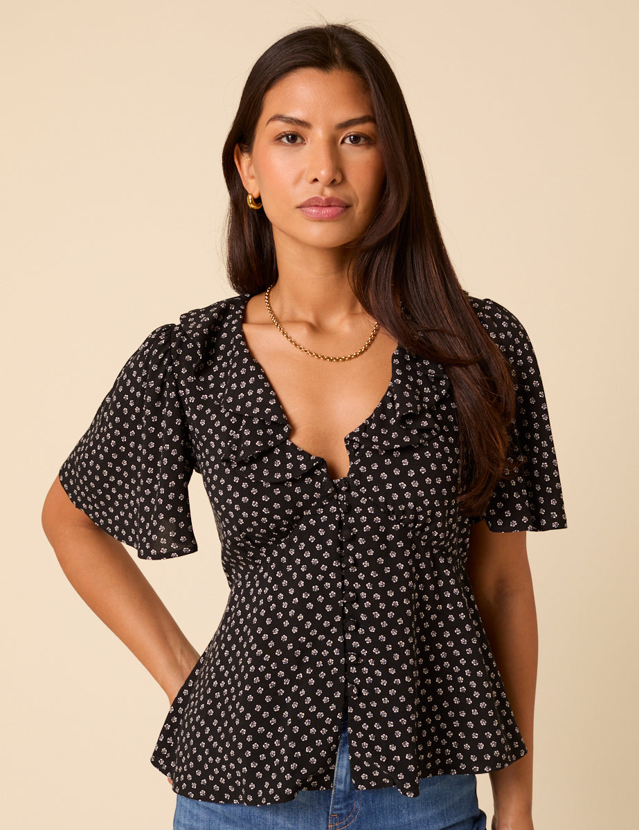Black Ditsy Floral V-Neck Blouse