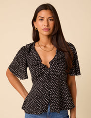 Black Ditsy Floral V-Neck Blouse