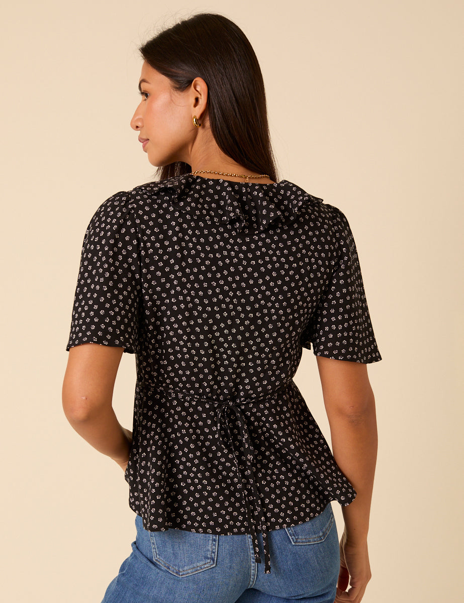 Black Ditsy Floral V-Neck Blouse