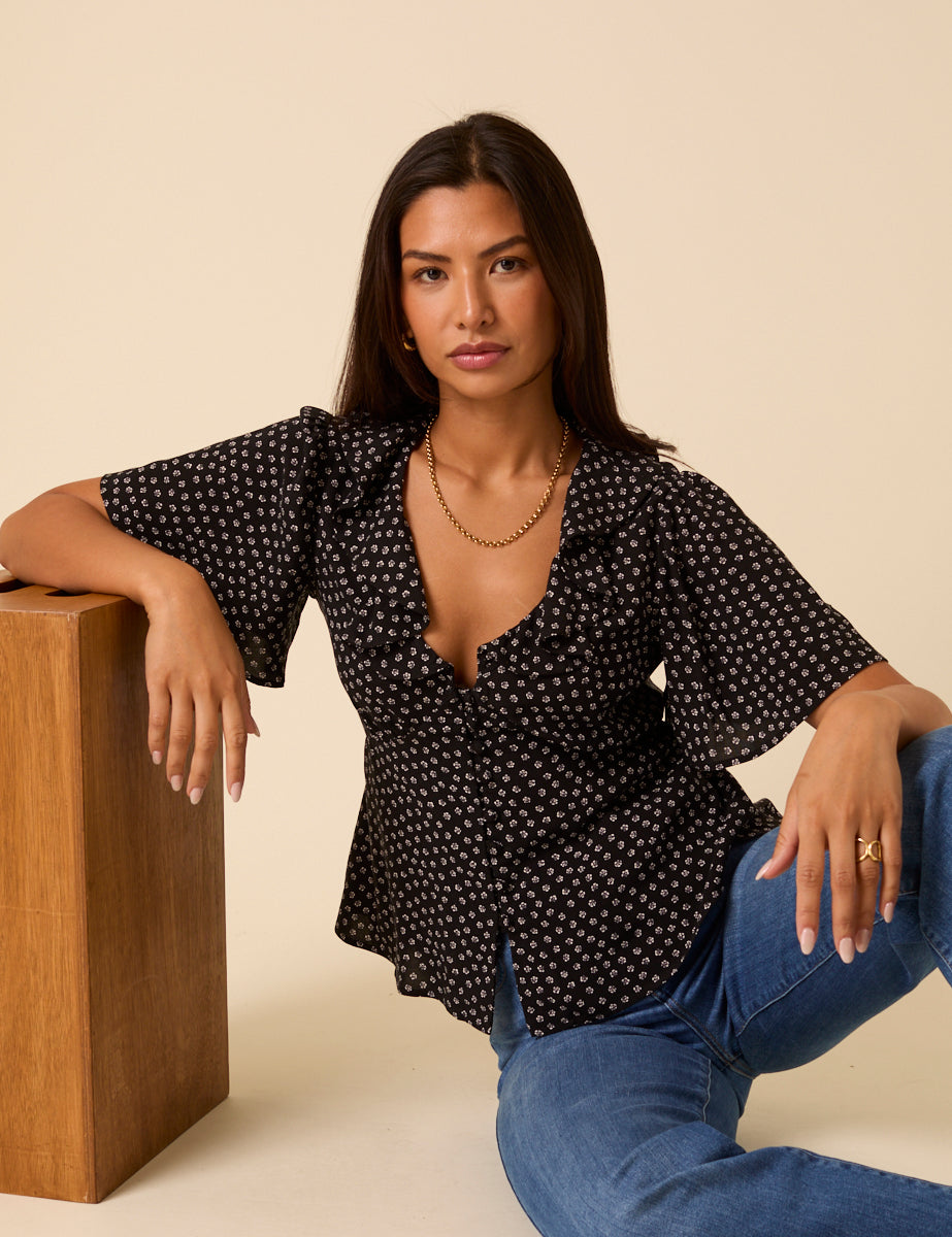 Black Ditsy Floral V-Neck Blouse