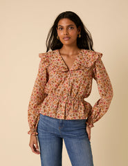 Pink Floral Frill Collar Top