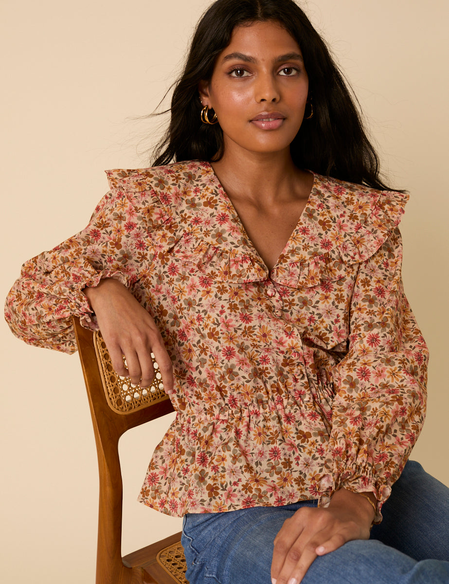 Pink Floral Frill Collar Top