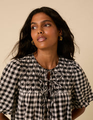Black Tie Front Smock Gingham Blouse