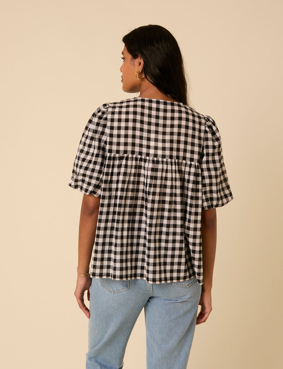 Black Tie Front Smock Gingham Blouse