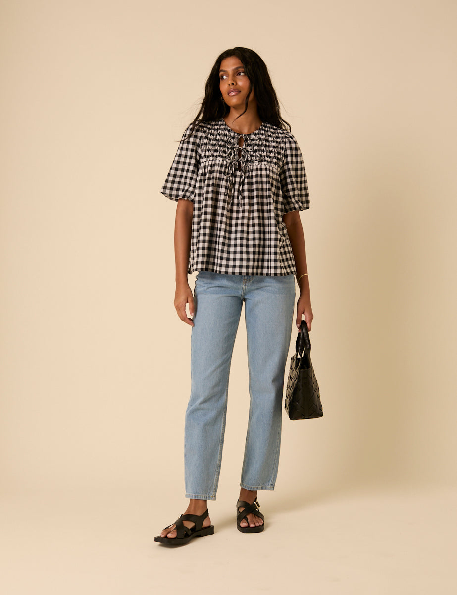 Black Tie Front Smock Gingham Blouse