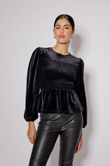 Black Velvet Shirred Balloon Sleeve Top