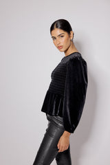 Black Velvet Shirred Balloon Sleeve Top