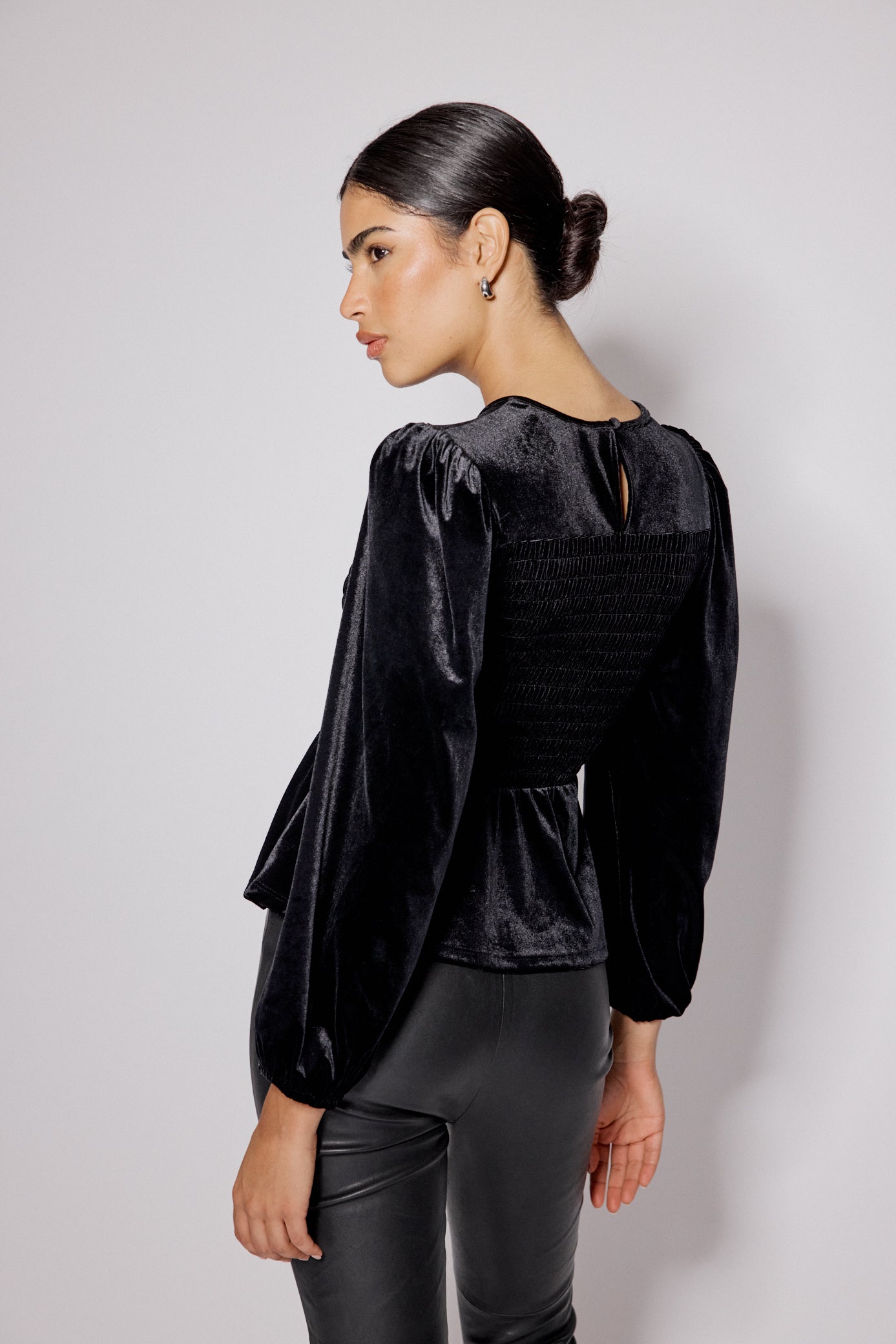 Black Velvet Shirred Balloon Sleeve Top