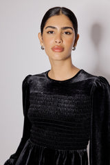 Black Velvet Shirred Balloon Sleeve Top