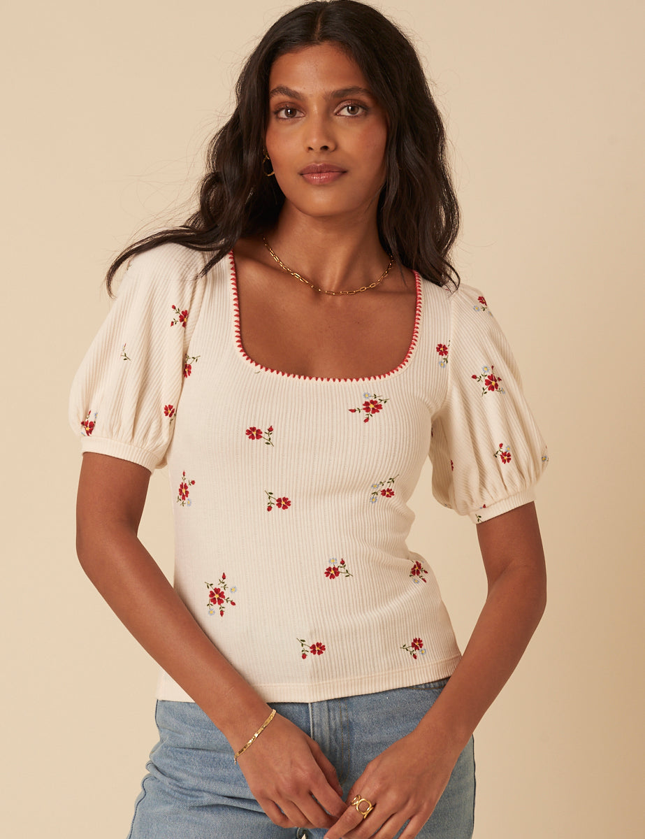 Cream Floral Pointelle Top