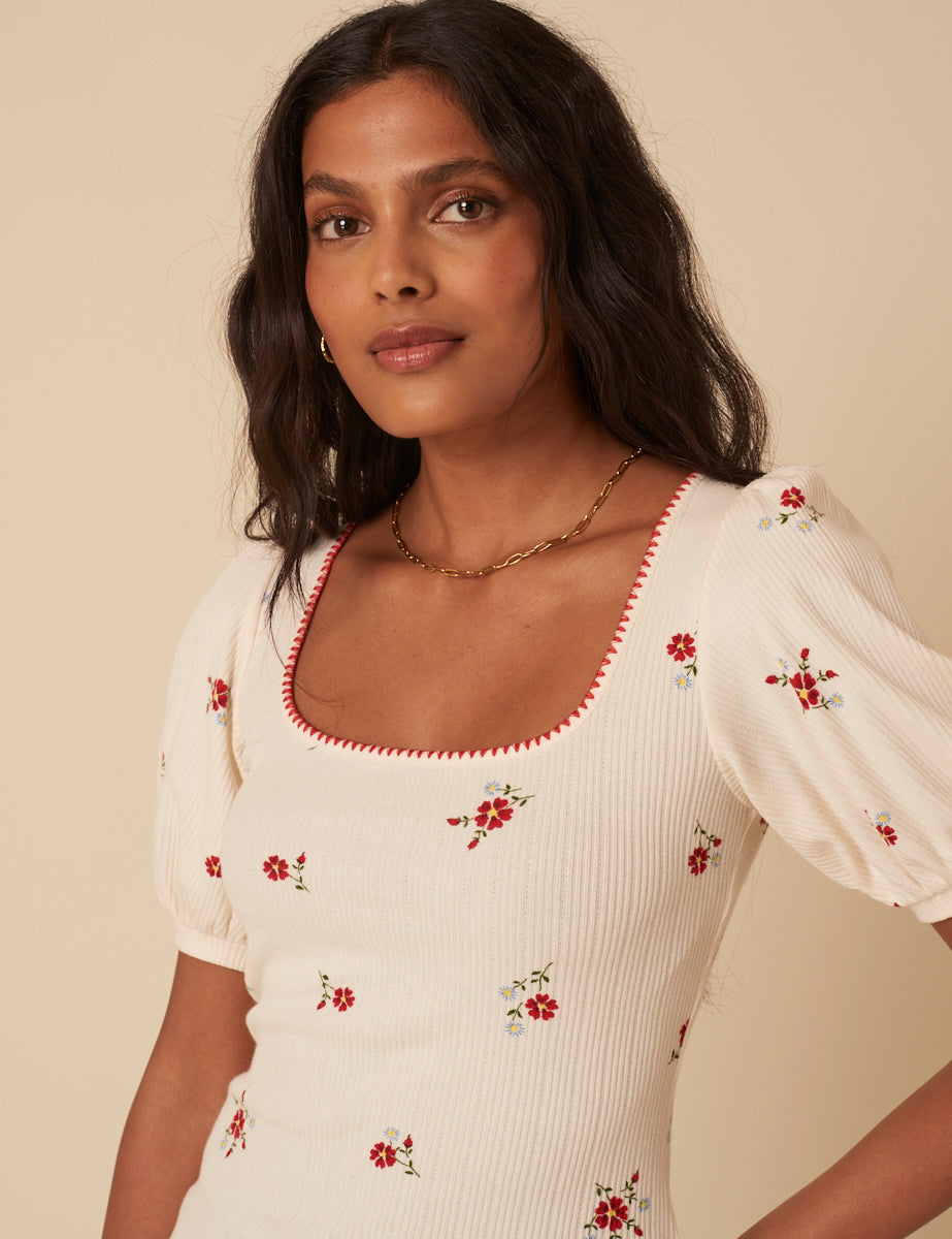 Cream Floral Pointelle Top