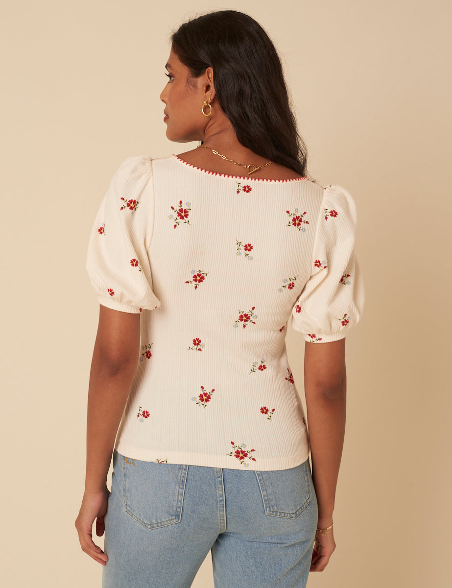 Cream Floral Pointelle Top