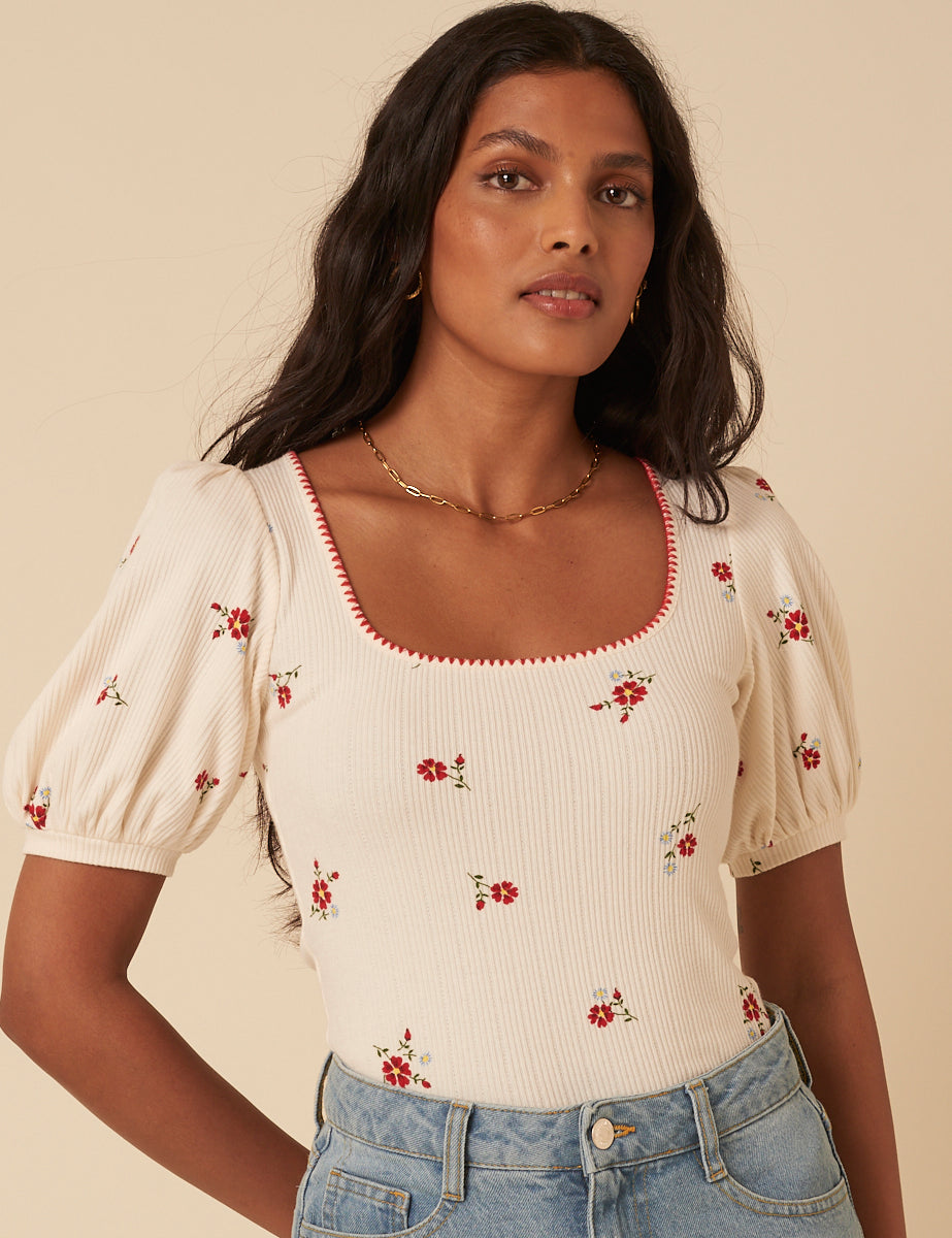 Cream Floral Pointelle Top