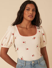 Cream Floral Pointelle Top