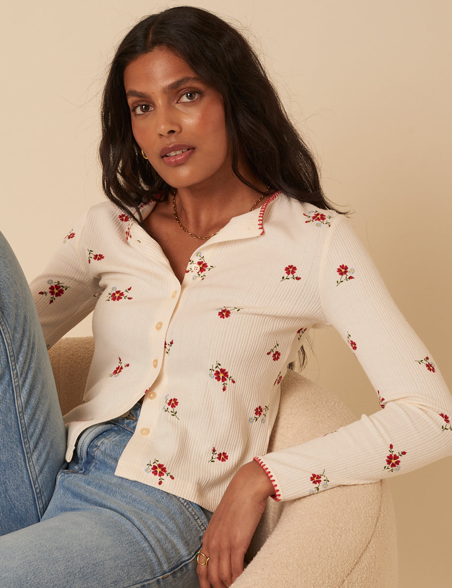 White Floral Pointelle Cardigan