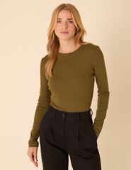 Green Ribbed Long Sleeve Jersey Top