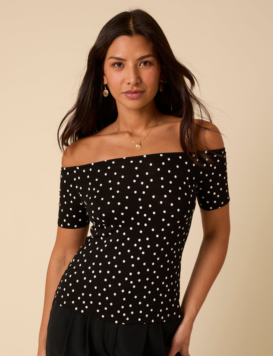 Black Polka Dot Bardot Top