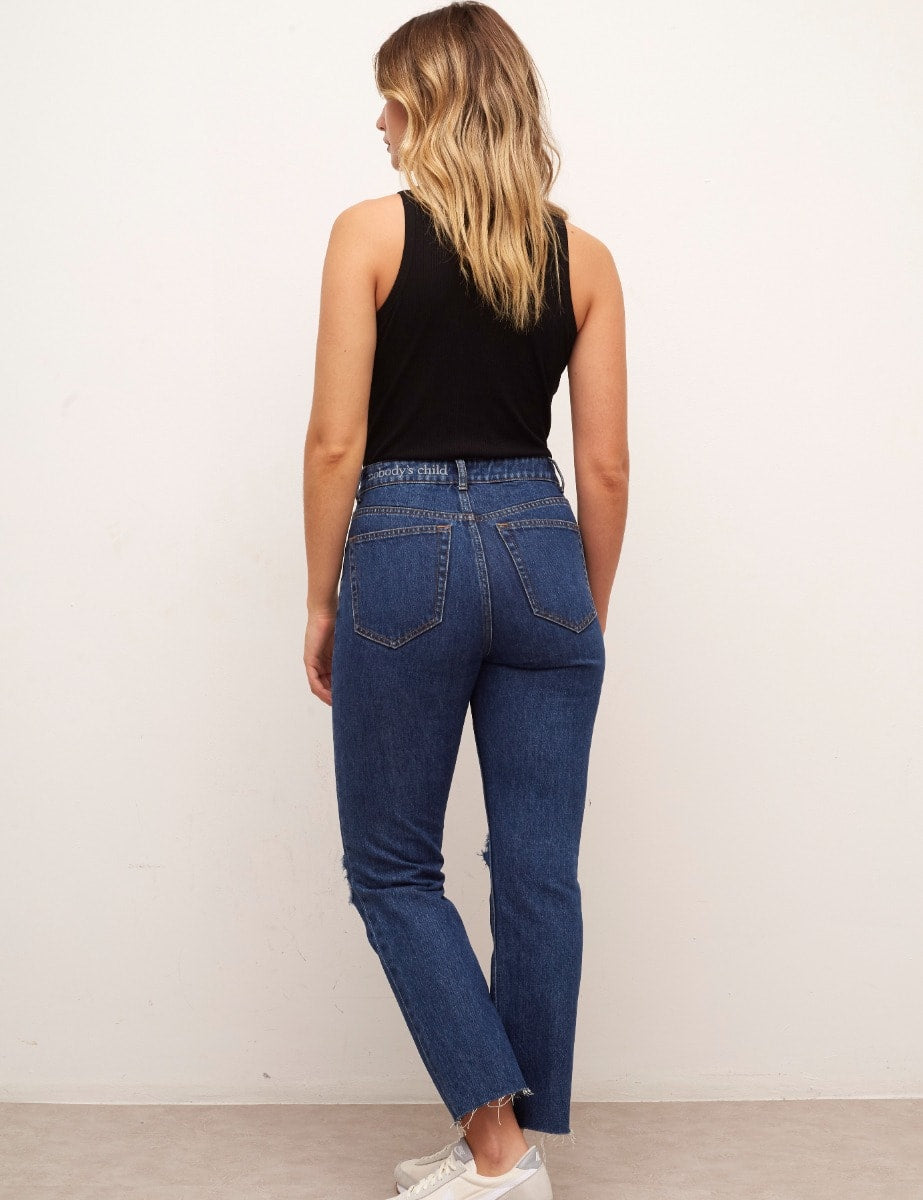 Mid Rise Cropped Straight Jean Ripped Indigo