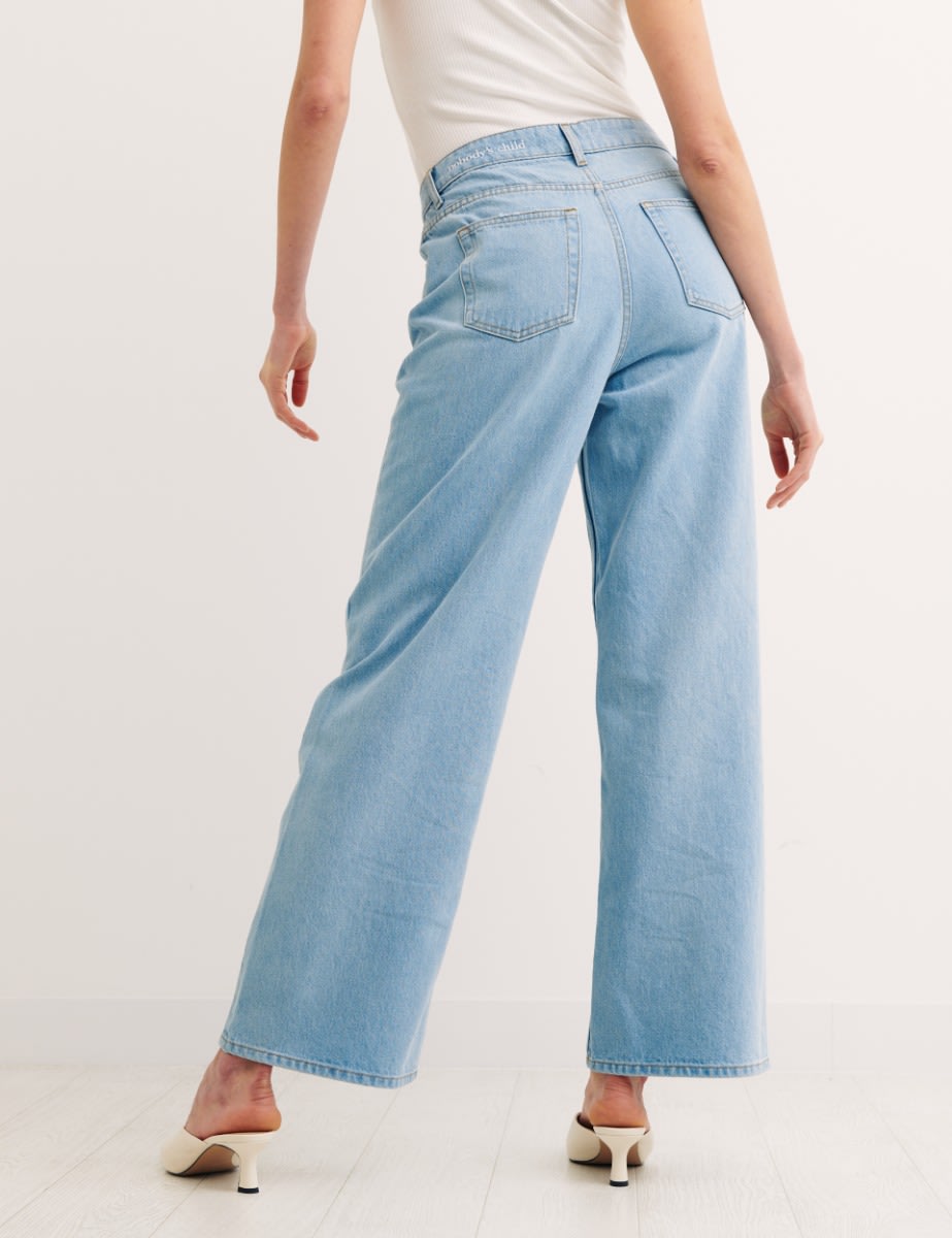 Blue High Rise Wide Leg Bleach Wash Jeans