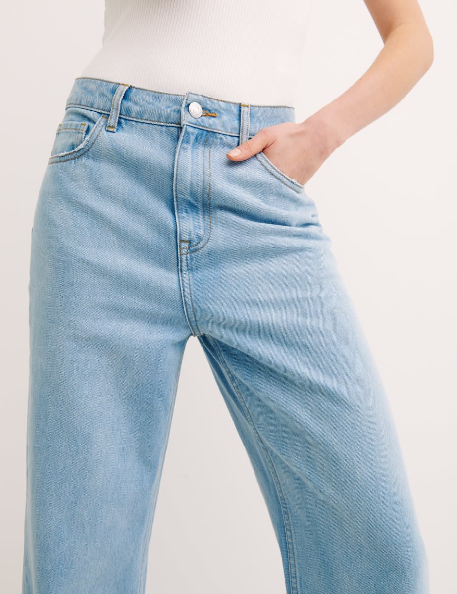Blue High Rise Wide Leg Bleach Wash Jeans