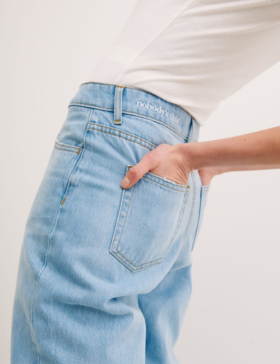 Blue High Rise Wide Leg Bleach Wash Jeans