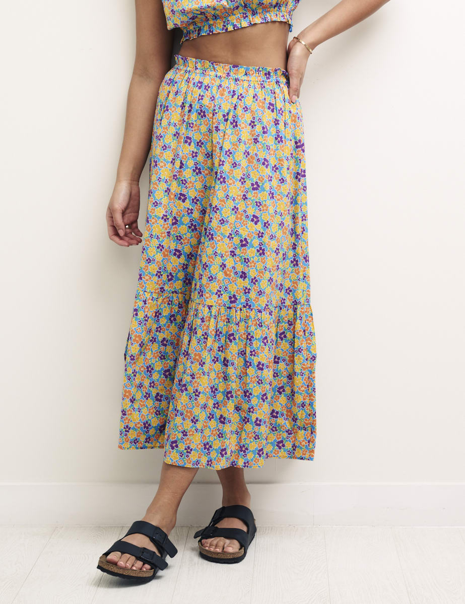 Retro Floral Willow Midi Skirt