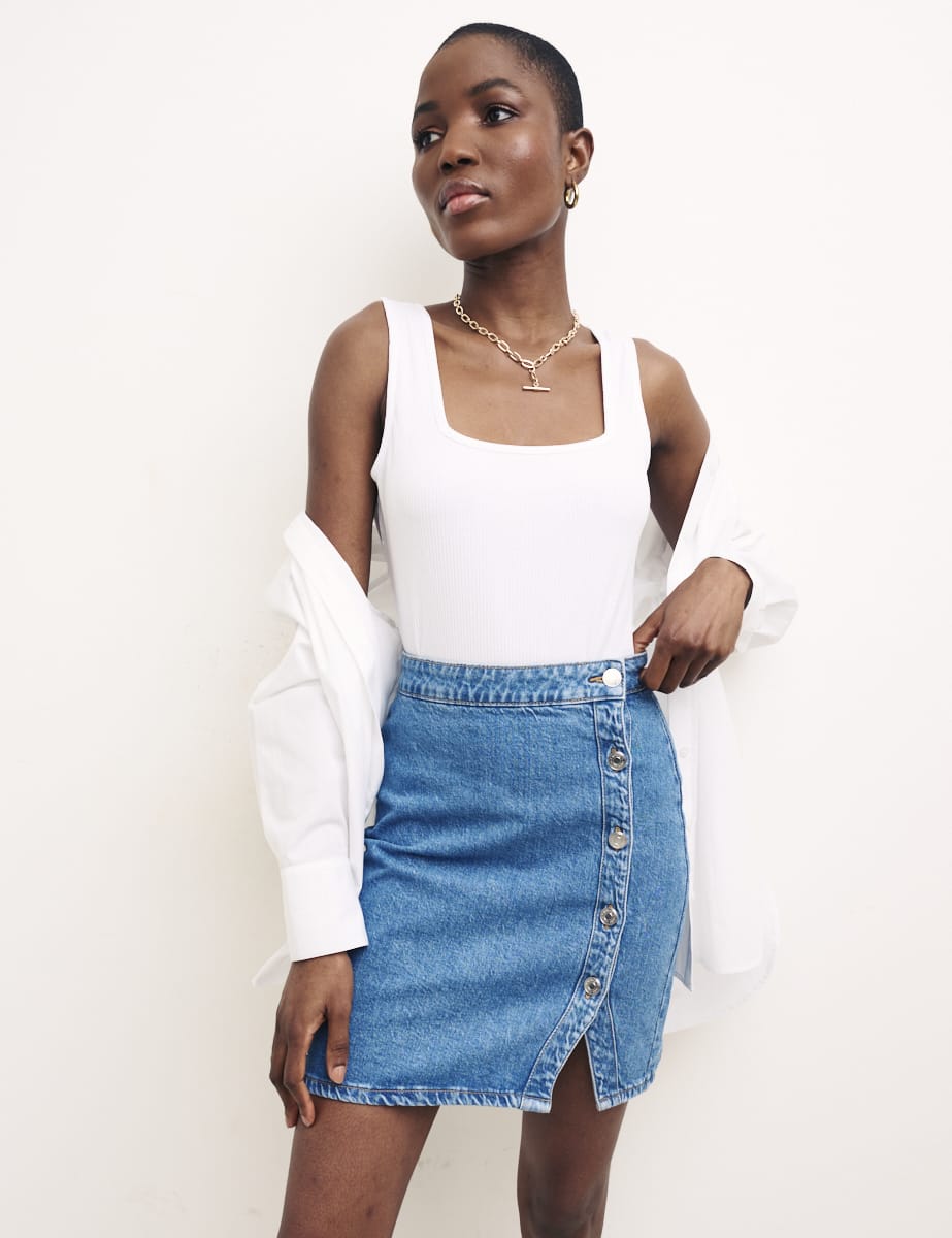 Blue Denim Button Mini Skirt
