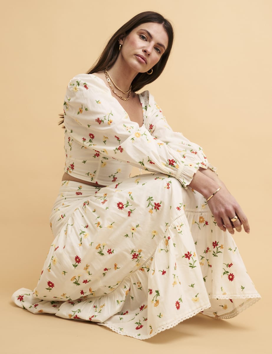 NC Boutique White Embroidered Summer Midi Skirt