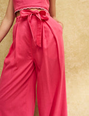 Pink Scallop Hem Tie Belt Trousers