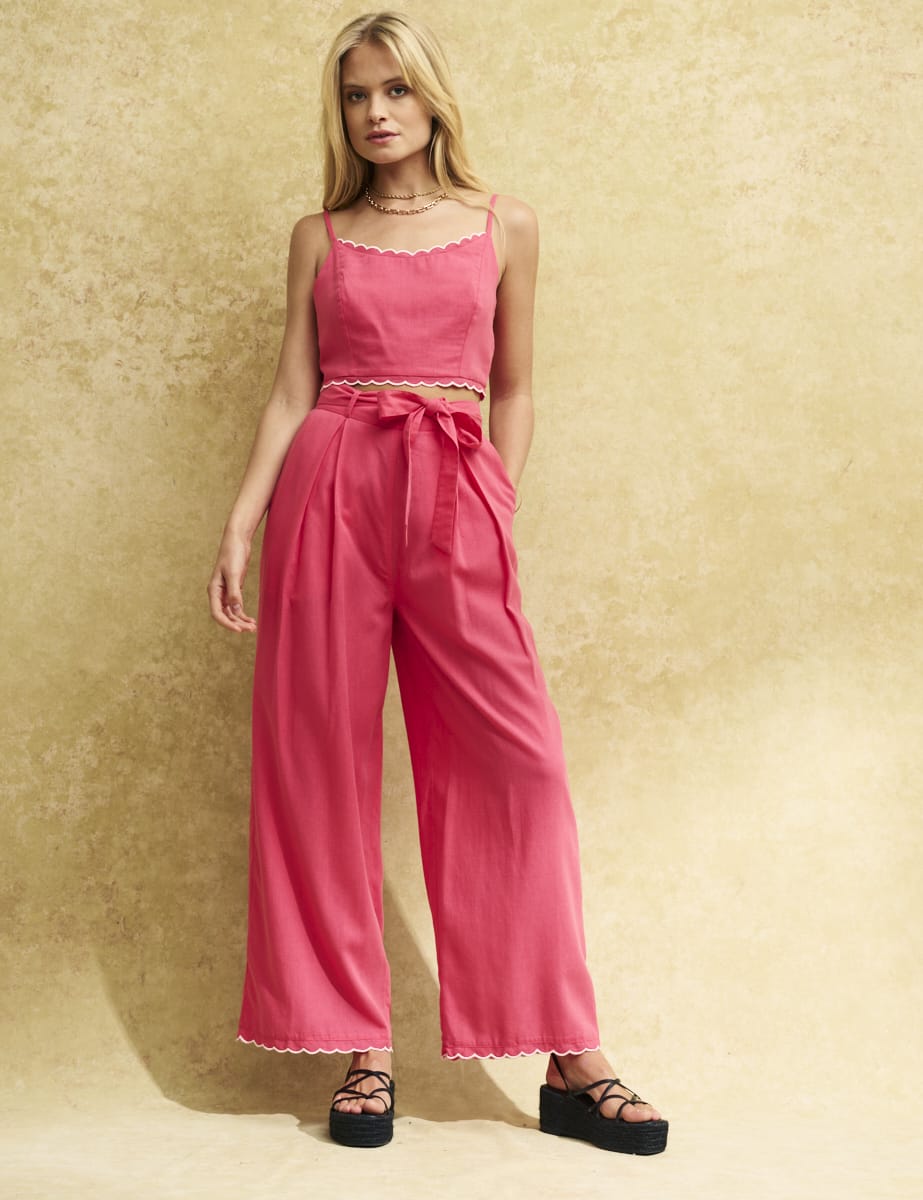 Pink Scallop Hem Tie Belt Trousers