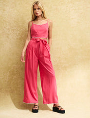 Pink Scallop Hem Tie Belt Trousers
