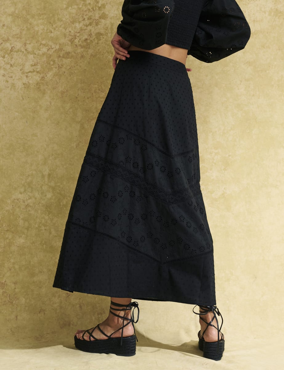 Black Broderie Olympia Midi Skirt