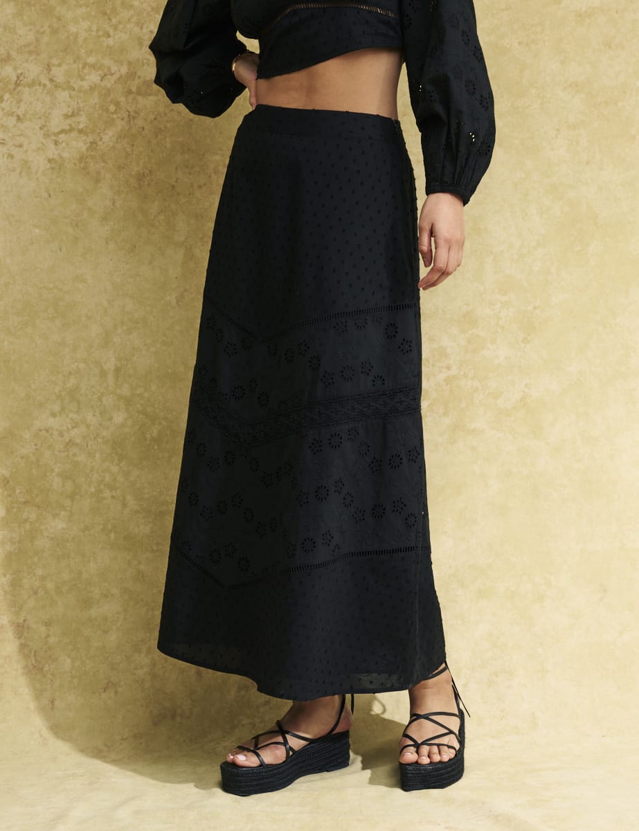 Black Broderie Olympia Midi Skirt