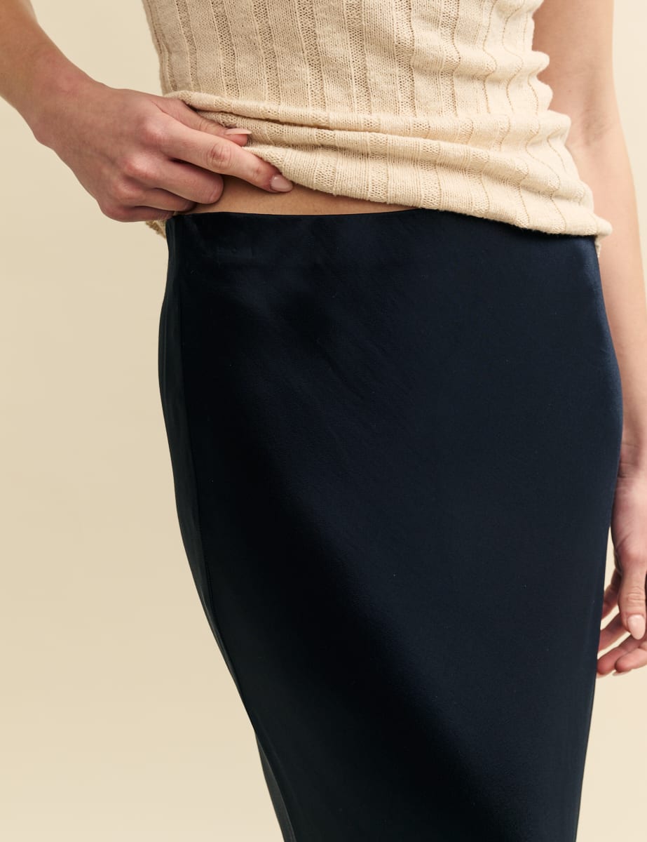 Black Mila Satin Slip Midi Skirt