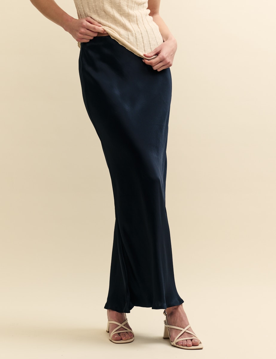 Black Mila Satin Slip Midi Skirt