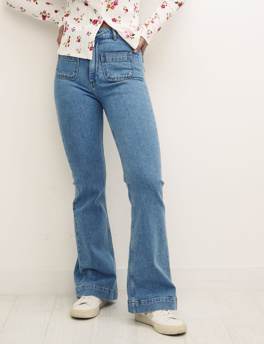 Blue Denim Patch Pocket Skinny Flare