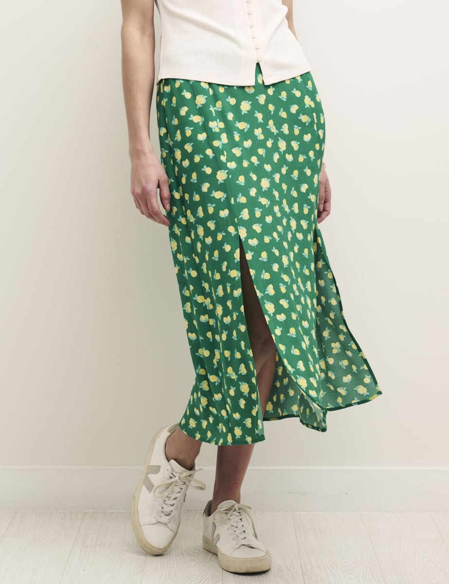 Green Sicilian Lemon Print Sara Midi Skirt