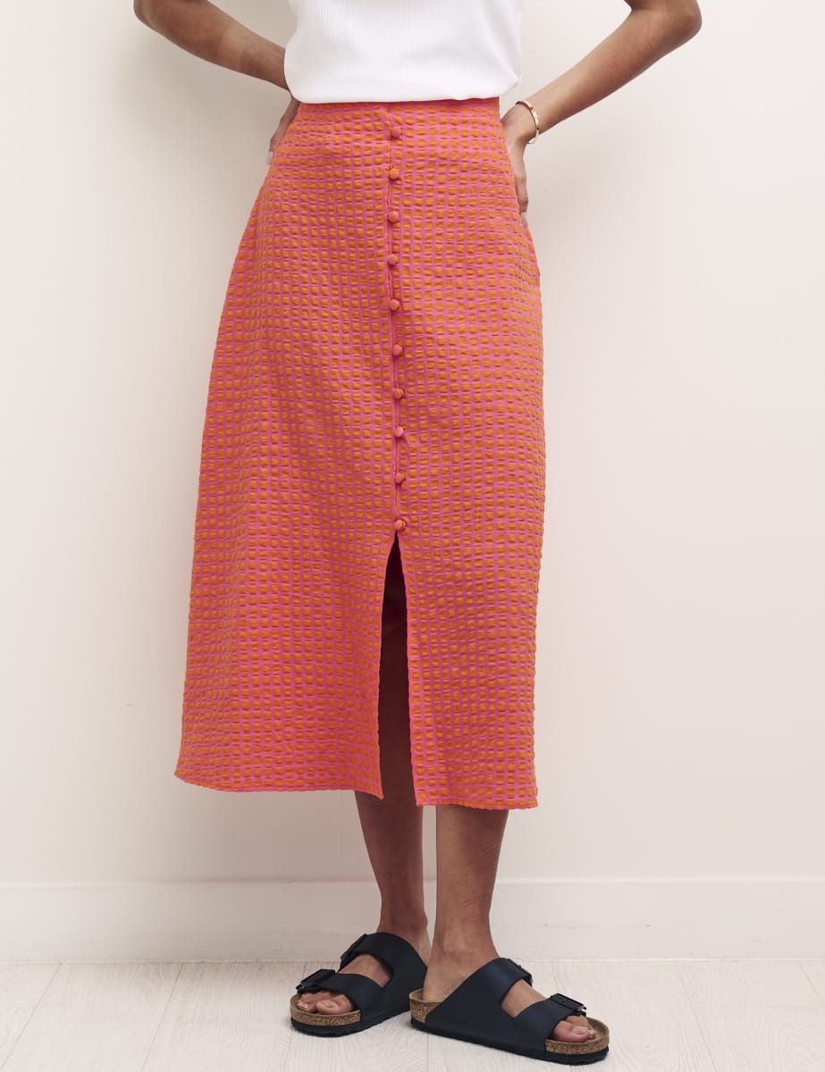 Pink & Orange Gingham Midi Skirt