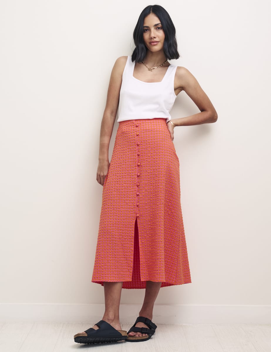 Pink & Orange Gingham Midi Skirt